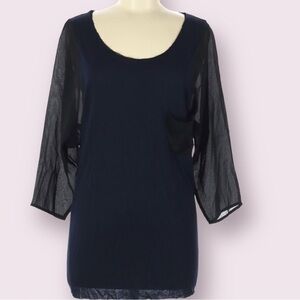 ALLEN B Women Navy Black Sheer 3/4 Sleeves Fringed Neckline Blouse Size Medium
